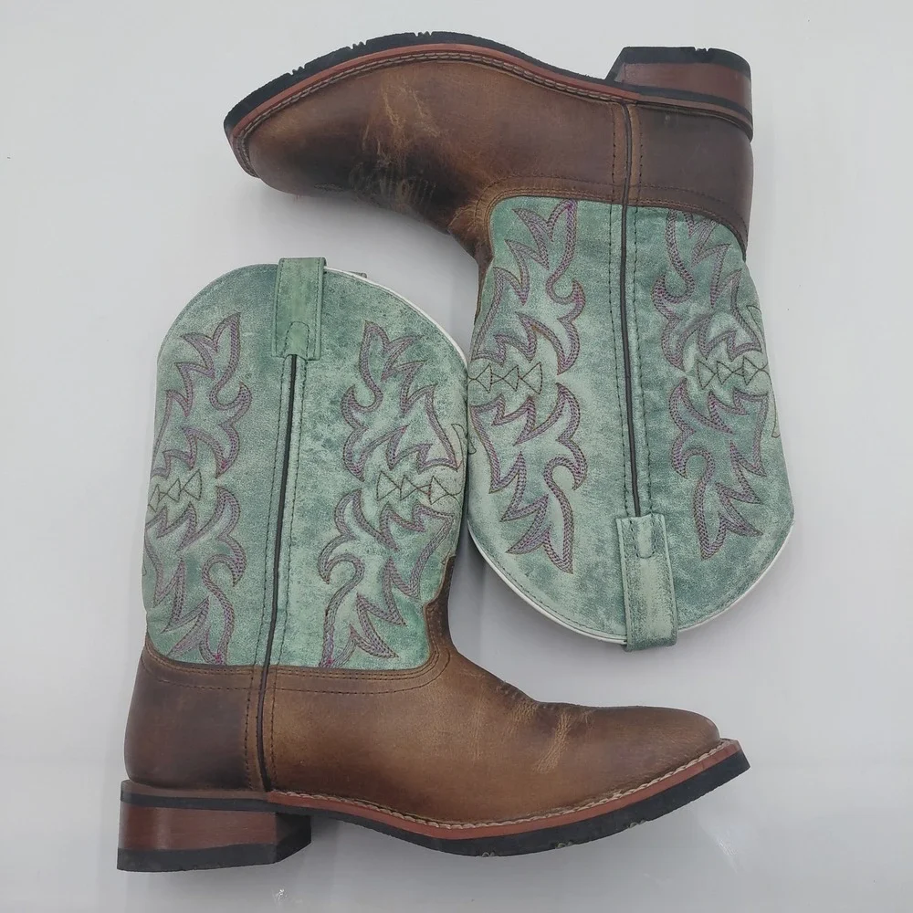 Laredo Womens 9.5 M Anita 5607 Brown Turquoise Wide Square Toe Cowboy Boots